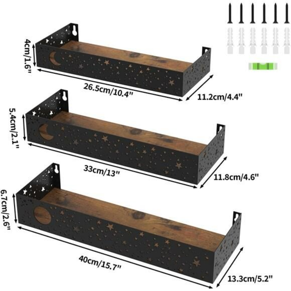 Moon and Stars Floating Wall Shelves Set of 3 Rustic Metal Wood Hanging Storage - Picture 3 of 7